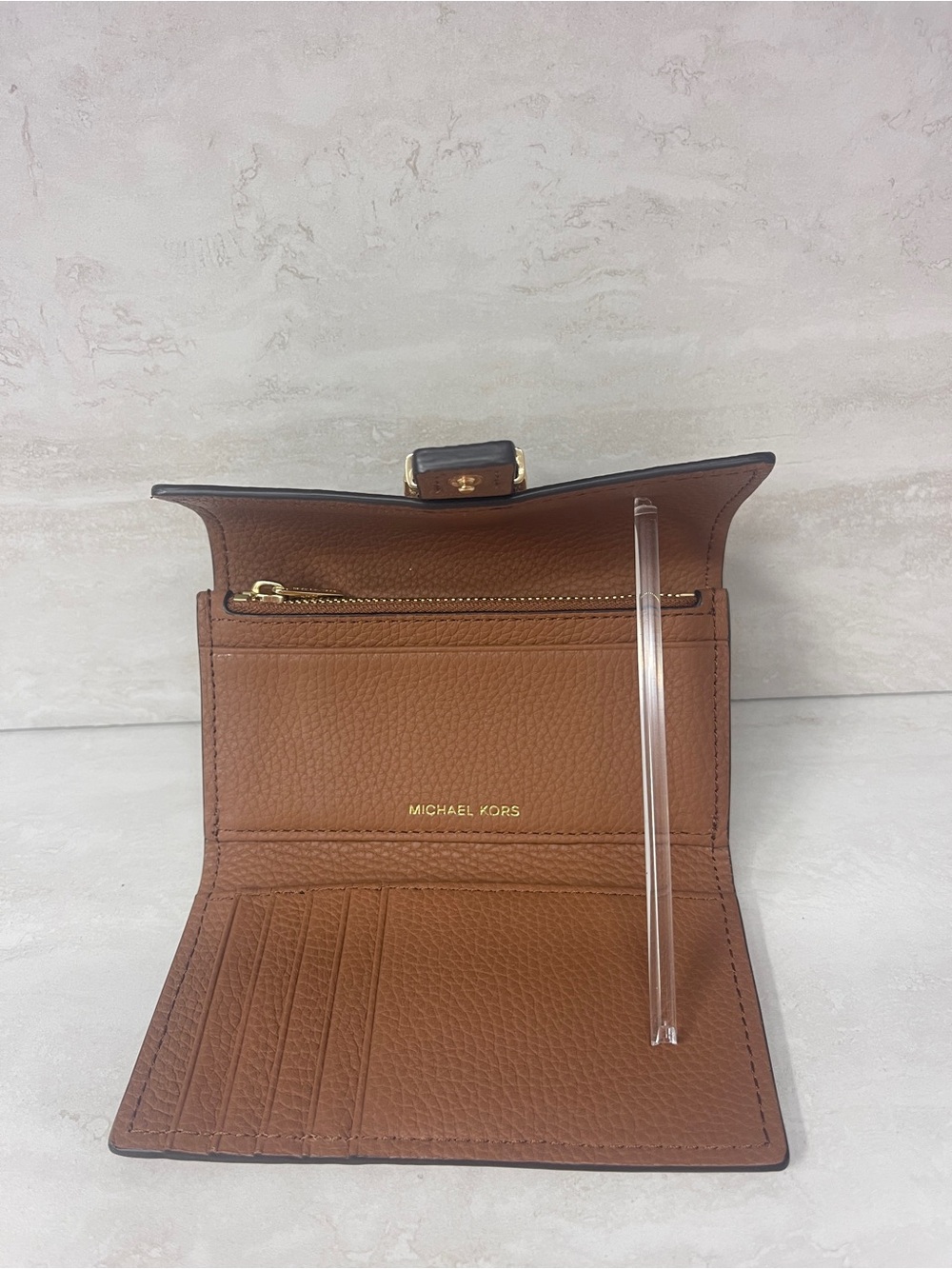 Michael Kors Nolita Brown Pebble Leather Buckle Wallet Luggage - Picture 4 of 5